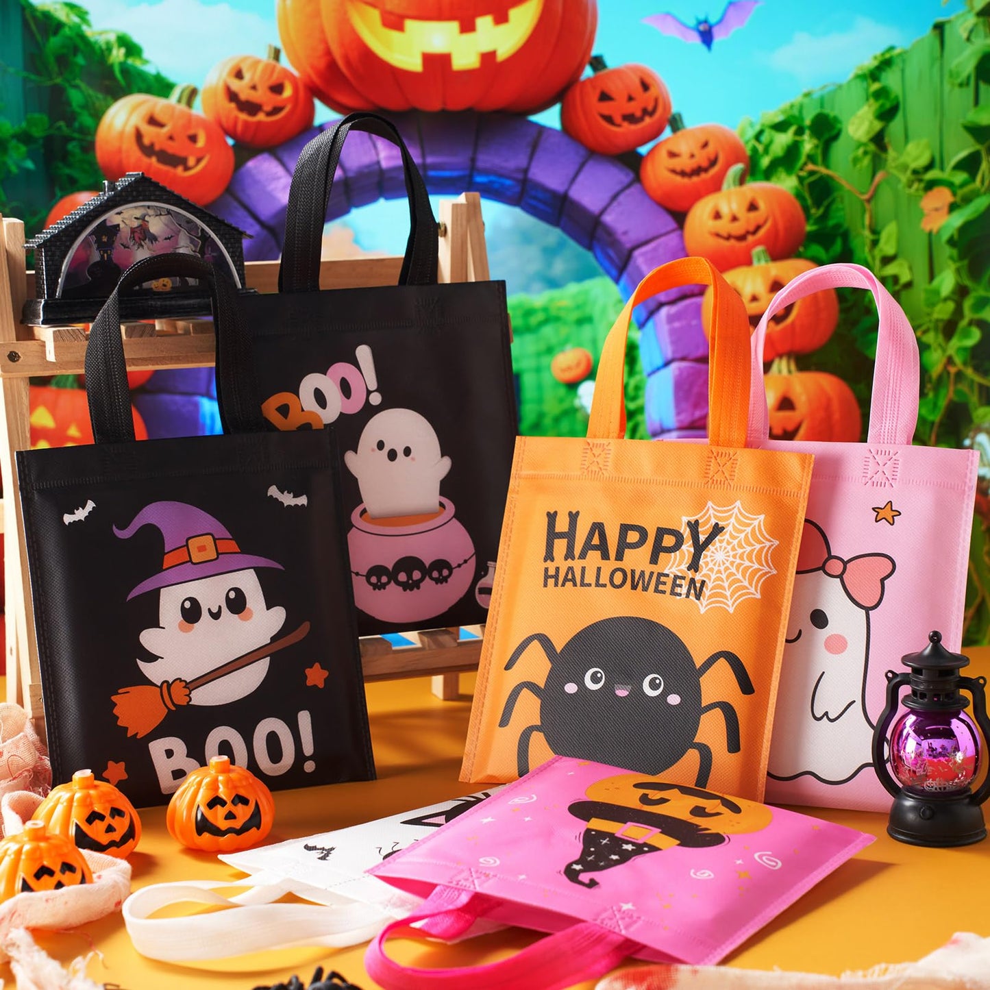 Sweetude 120 Pcs Easter Tote Bags Bulk with Handles Bunny Reusable Party Non Woven Treats Goodie Bags for Easter Party Supplies(Boo)