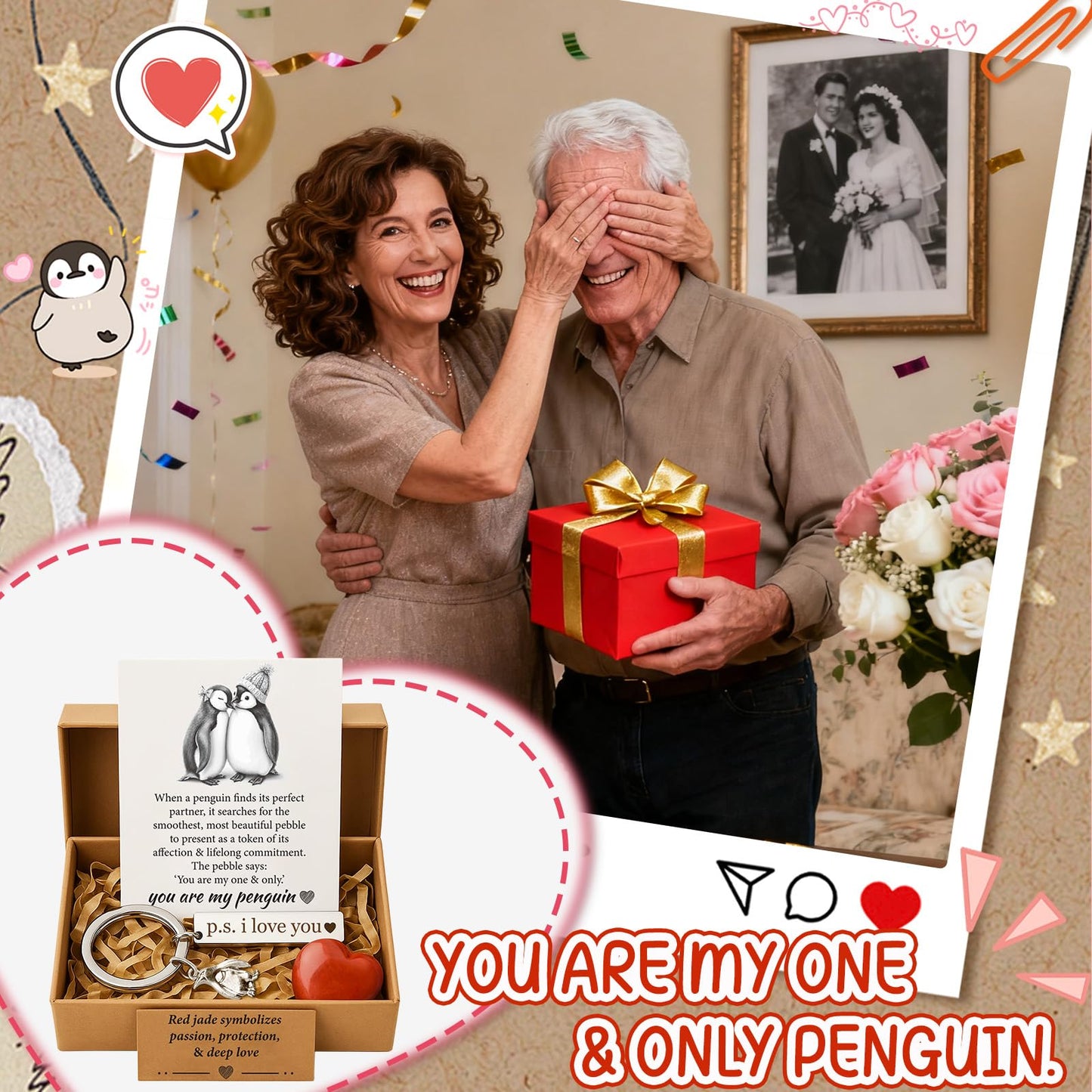 BABYQLO Penguin Gift Box Set - Romantic Anniversary I Love You Presents for Him or Her, Girlfriend, Boyfriend, Fiancee, Wife, Husband - Valentine's Day, Birthday, Engagement & Easter Basket Stuffer