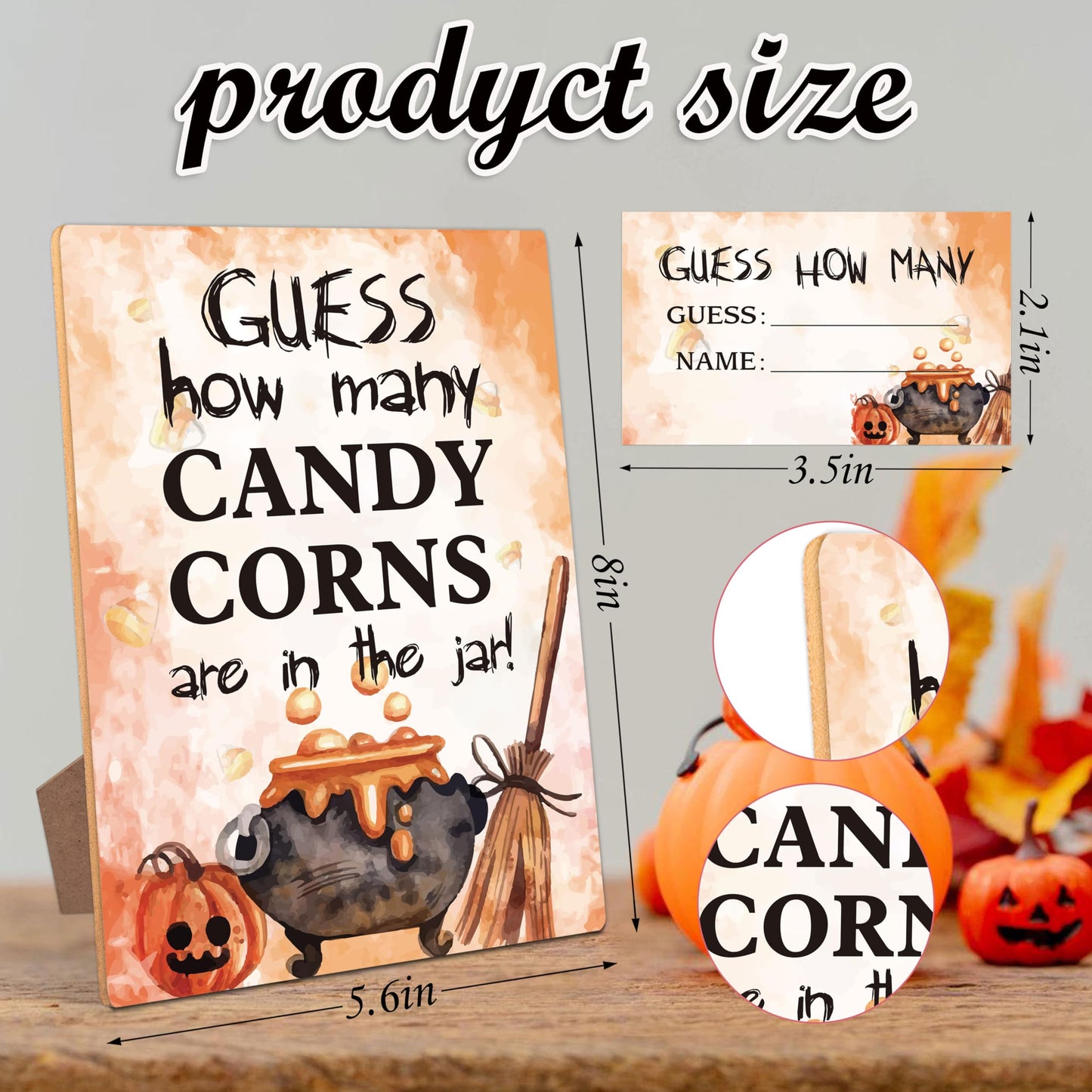 Halloween Party Game, How Many Candy Corns (1 Wooden Sign with Stand + 50 Guessing Cards), Halloween Party Favors Supplies, Family Activity - MB06