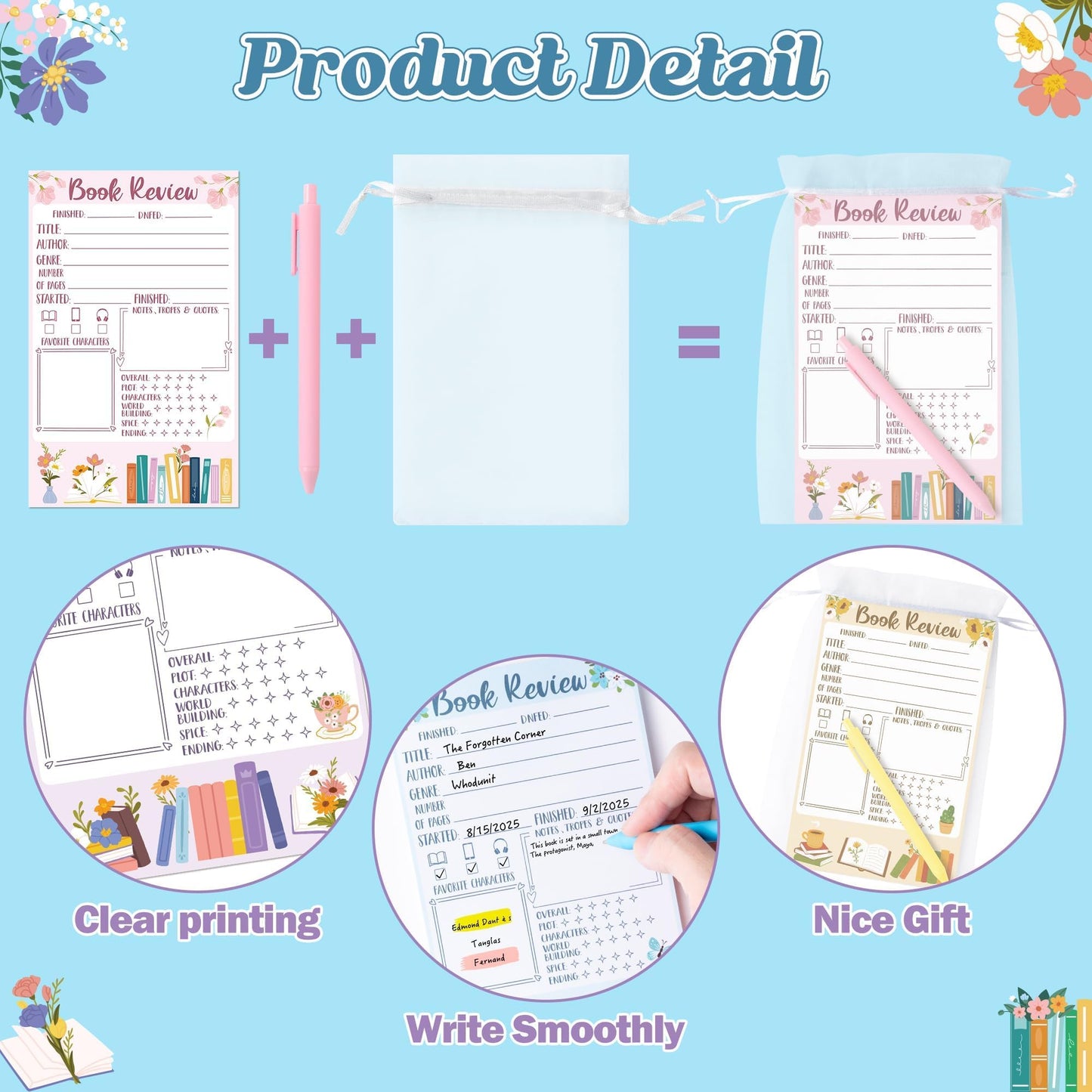 L1rabe Flower Book Review Notepad Set - Back to School Gift 12 Reading Journal Tracking Notepads 12 Pens 12 Organza Bags for Book Lovers Readers Bookish Bookworm Gift, Reading Log for Students Women