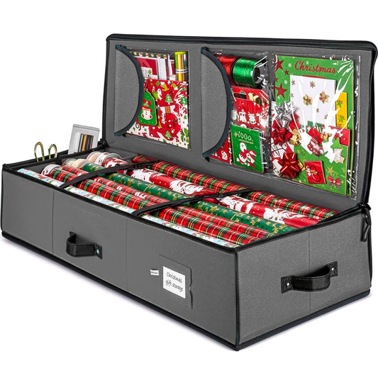 ZOBER Gift Wrapping Paper Organizer Storage - 40" Gift Wrap Storage Containers with Interior Pockets for Bows, Tags & Ribbons - Wrapping Paper Holder, 600D Oxford, Fits 24 Standard Rolls, Gray/Black