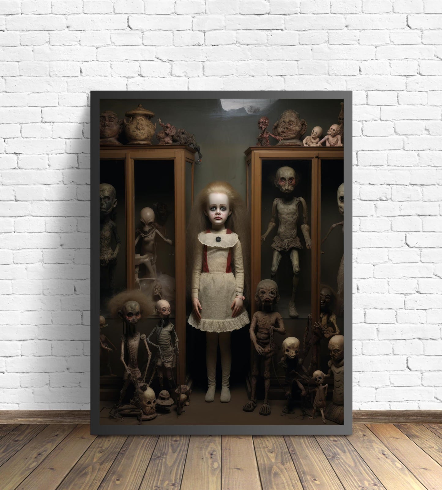 Creepy Doll Collection Art Poster Print, Haunted Scary Spooky Halloween Wall Art Painting Decor Gallery 29 (Creepy Doll Collection, 14" L x 11" W, Black Frame)
