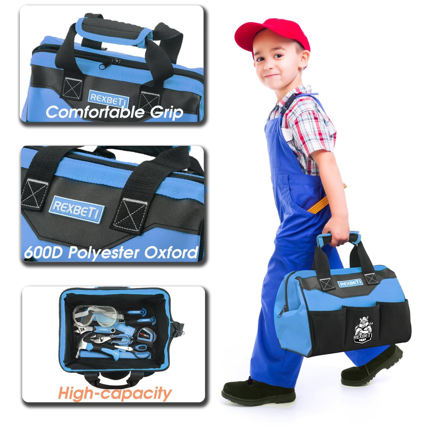 REXBETI 10-Piece Kids Tool Set with Real Hand Tools, Blue Durable Storage Bag, Children Learning Tool Kit for Home DIY and Woodworking,6+ Years Old Birthday Gift
