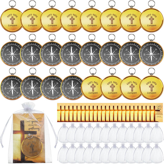 Relaxweex 24 Set Mini Christian Compass Christian Gift Set Compass with Cards and White Drawstring Organza Bag Bible Scripture Cards Religious Gifts for Men Graduation Gift Weddings
