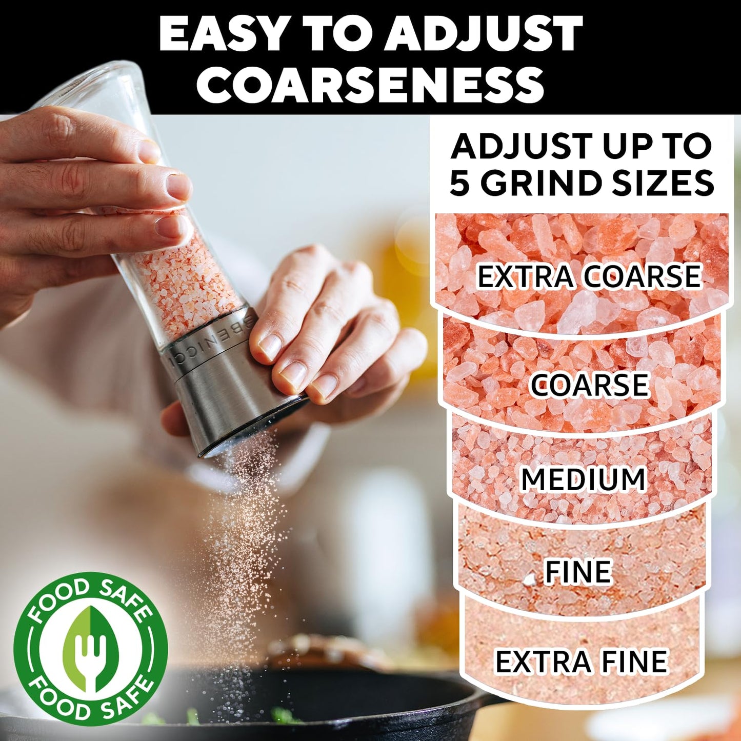 Premium Salt and Pepper Grinder Set of 2 - Two Refillable Stainless Steel Sea Salt & Spice Shakers with Adjustable Coarse Mills - Easy Clean Ceramic Grinders w/BONUS Silicone Funnel & Cleaning Brush