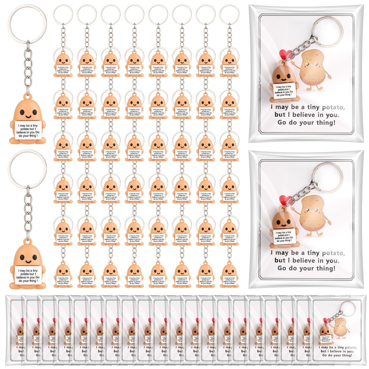 Gejoy 150 Pcs Positive Potato Keychain Gift Set Include 50 Mini Rubber Potato Keychains 50 Motivational Card 50 Bags Motivational Emotional Gifts for Employee Coworker Staff Teacher Team Friends