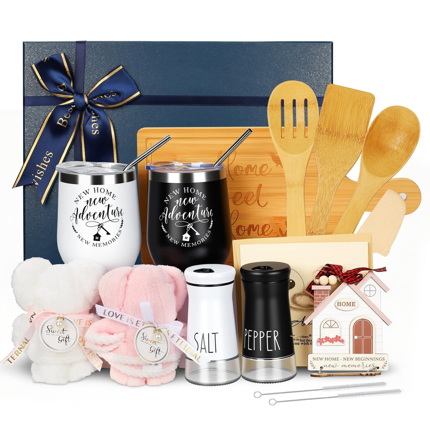 House Warming Gifts New Home, 13 Pcs New House Gift Basket, Home Essentials for New Home Gift Set, Home Sweet Home Bamboo Serving Board for Couple Women Men