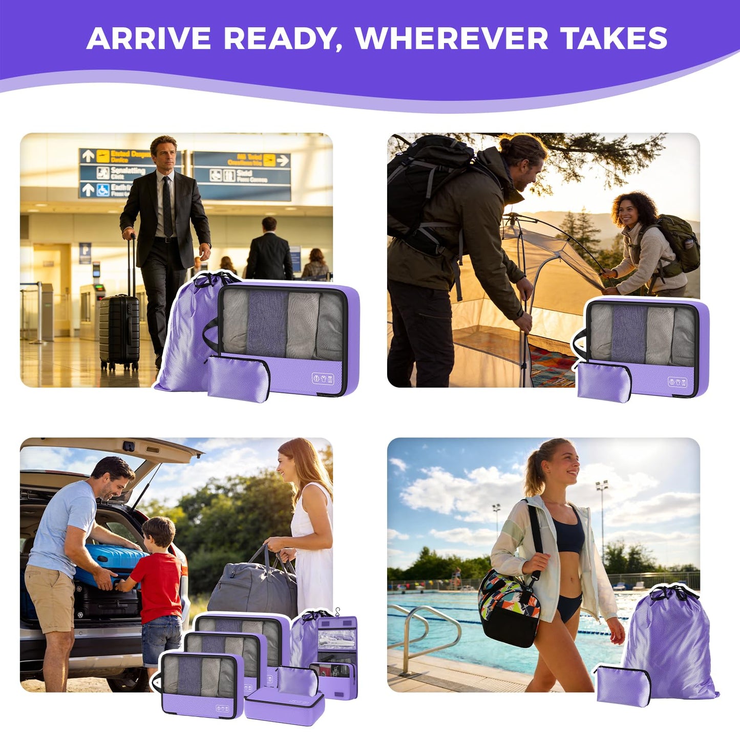 8-Piece Compression Packing Cubes for Travel, Elegant Ultralight Luggage Organizer Set for Women, Space Saving for Carry-On, Suitcase & Vacation Cruise Travel - Purple