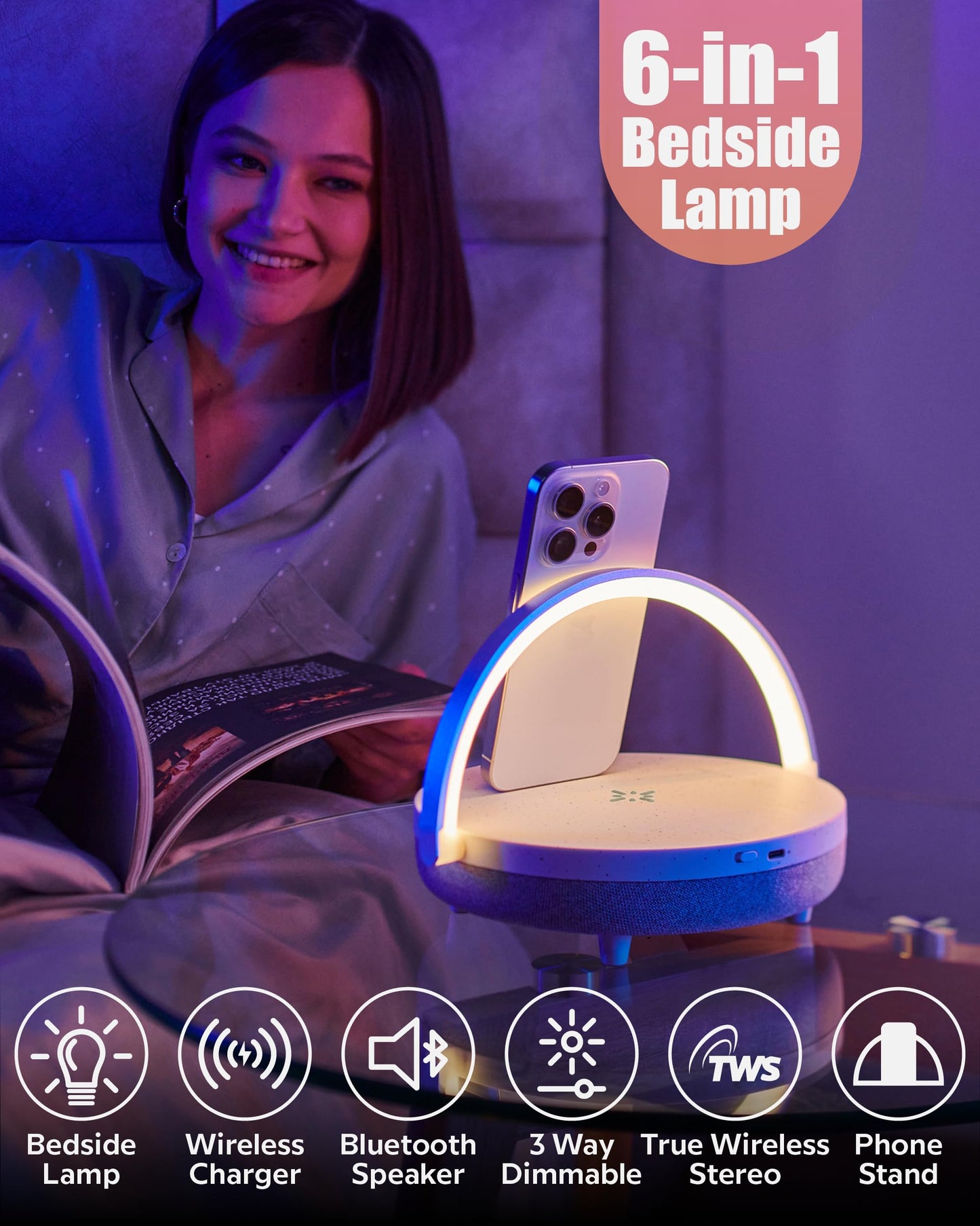 BELMAK Bedside Lamp with Wireless Charger, Birthday Gifts for Women, 6 in 1 Touch Bedside Lamp, Portable Bluetooth Speaker, Gift for Her, Mom, Dad, Mens Gifts for Birthday Unique