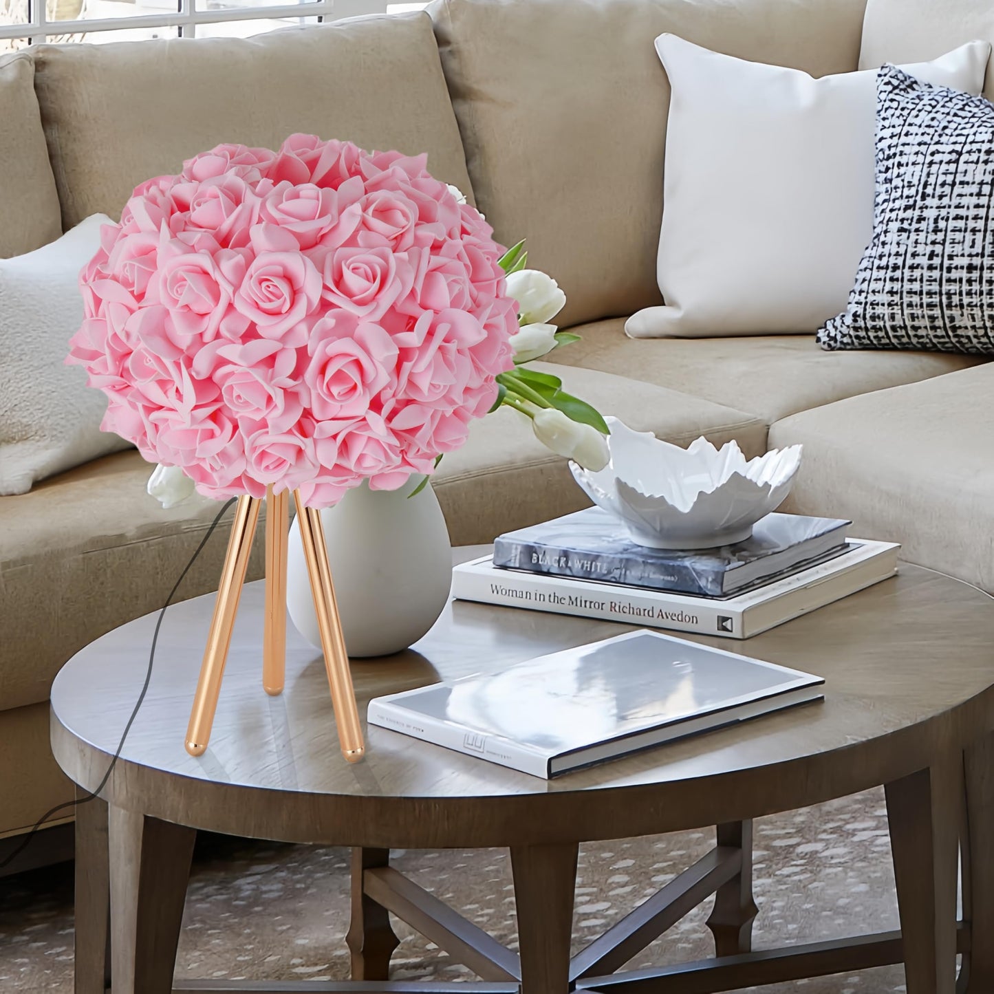 ZYLEISENBAO Pink Rose Flower Lamp Cute Table Lamp Modern Bedside Lamp Romantic Nighstand Light for Girl Princess Gold Tripod for Bedroom Living Room Entry Office Wedding Decoration Gift