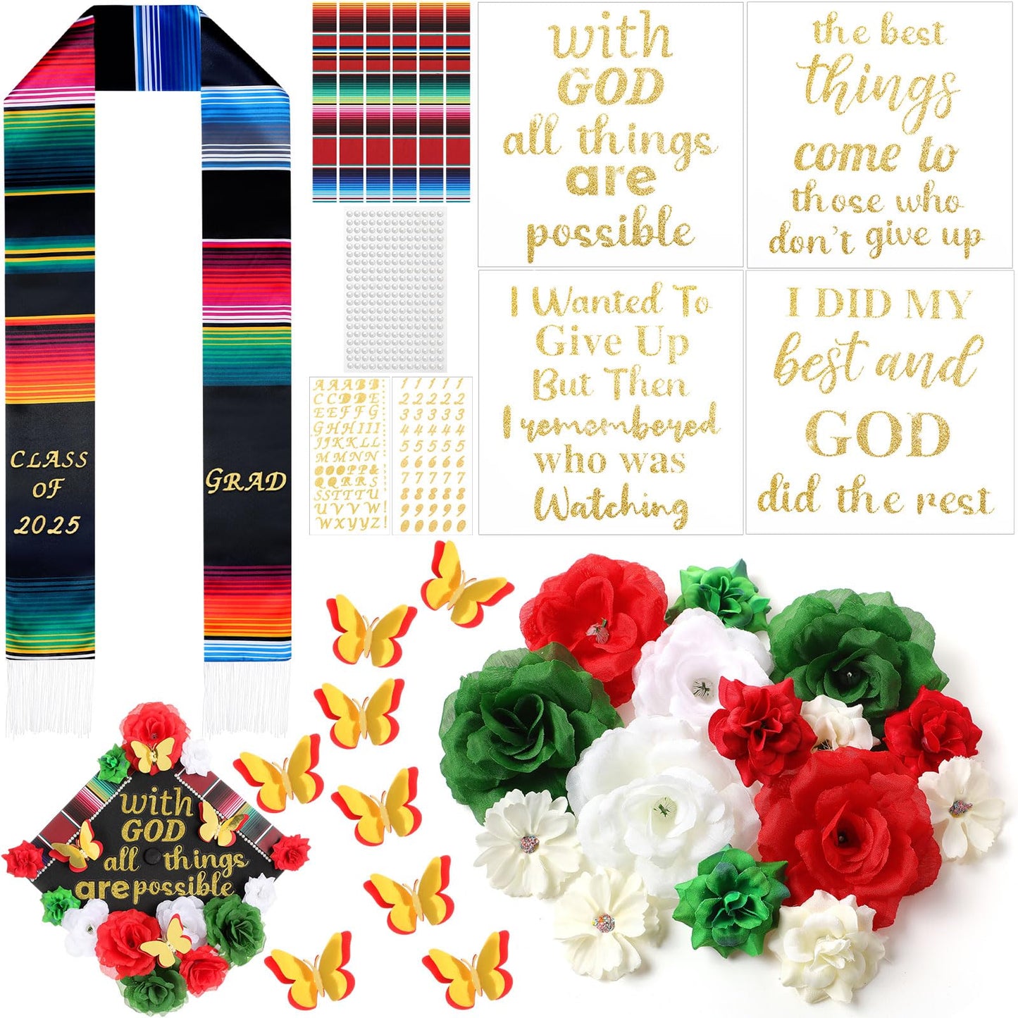 Knitgrip 41 Pcs DIY Mexican Graduation Cap Decorations Kit Graduation Stole Faux Flower Heads Graduation Quotes 3D Butterfly Glitter Letter Stickers Pearl Stickers for Graduation Cap Decoration Craft