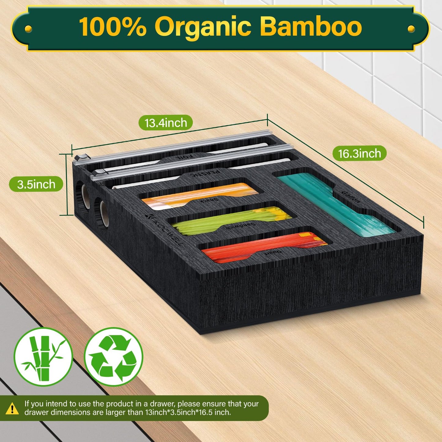 KOCWELL Bag Organizer & Plastic Wrap Dispenser with Cutter, 6 In 1 Bamboo Foil & Plastic Wrap Organizer for Kitchen, Food Storage Bag Organizer
