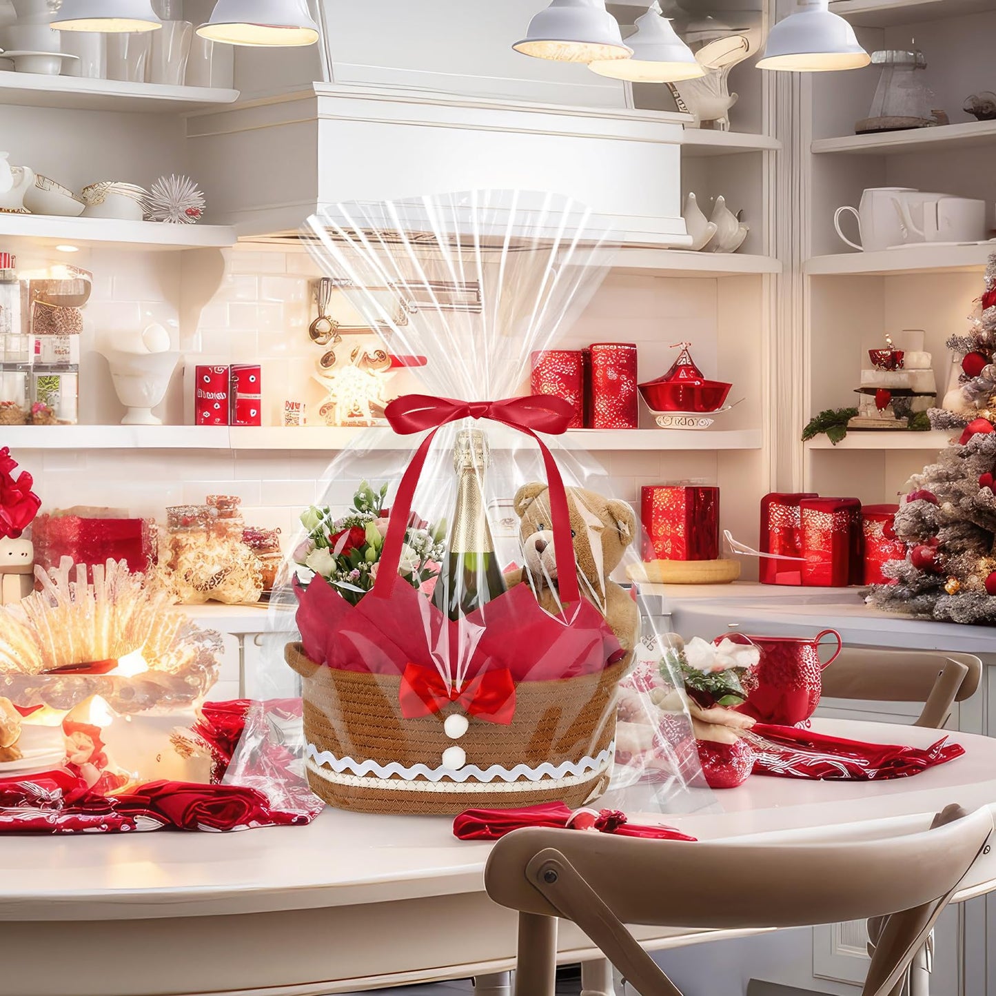 Zopeal Valentine's Day Woven Basket with Gift Bag, Ribbon and Red Tissue Paper Gingerbread Man Woven Bin Empty Shelf Basket Holiday Decorative for Xmas Gifts, 12 x 8 x 5 Inch