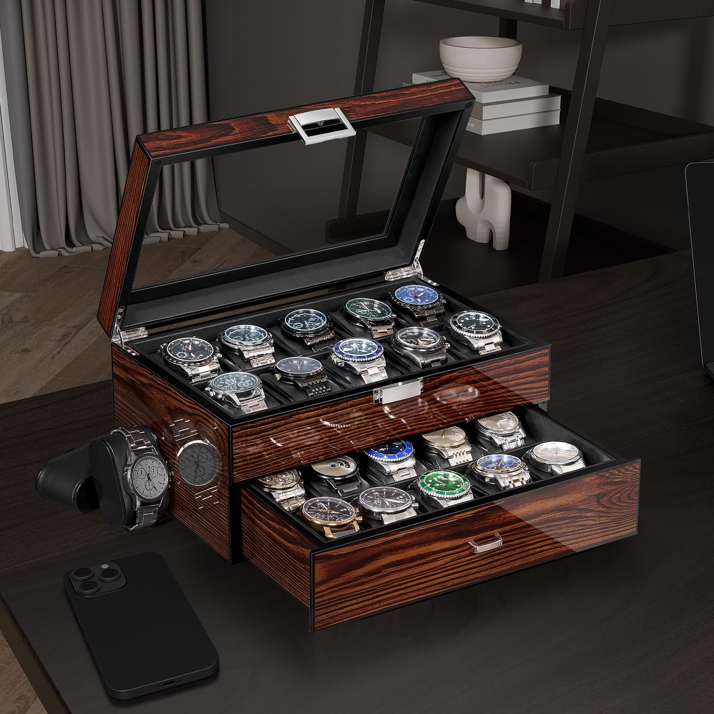 BEWISHOME High-End Watch Box, 20-Slot Watch Case with Large Glass Lid, Wooden Watch Cases for Men, Watch Storage, Watch Organizer, Synthetic Leather Interior, Brown SSH04Y