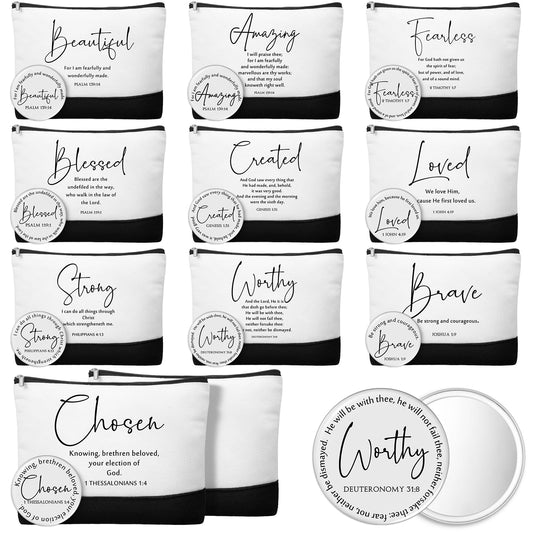Kacctyen 20 Pcs Christian Gifts for Women Bulk Mother's Day Church Gifts 10 Inspirational Canvas Bible Verse Makeup Bag 10 Religious Compact Mirrors for Mother Pastor Appreciation Gift(Bible Verse)