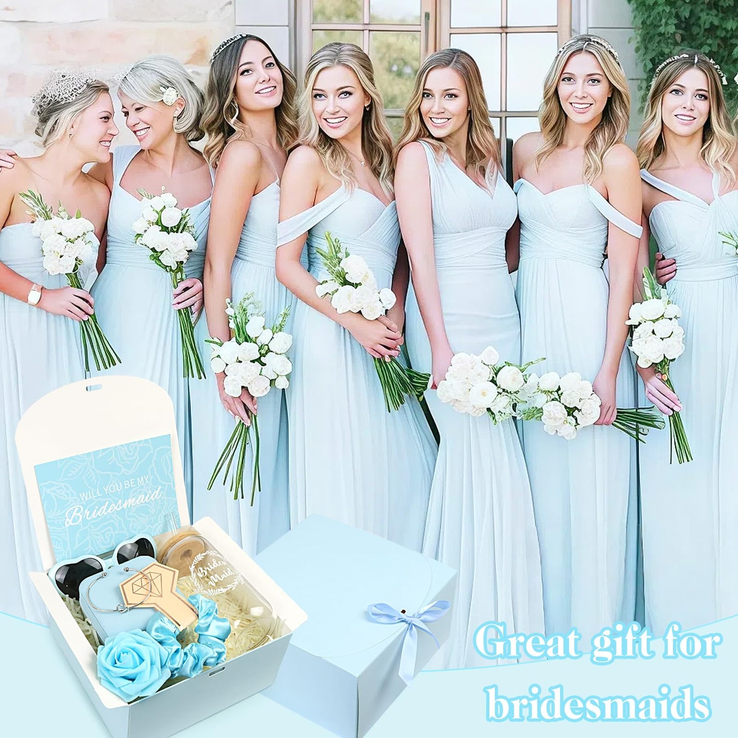 HOMENERGY Bridesmaid Proposal Gifts Set 2 - "Will You Be My Bridesmaid Kit with Elegant Box Jewelry Box Glass Cup Invited Cards Knotted Bracelets Sunglasses Scrunchies Raffia Grass (Blue, 18Pcs)