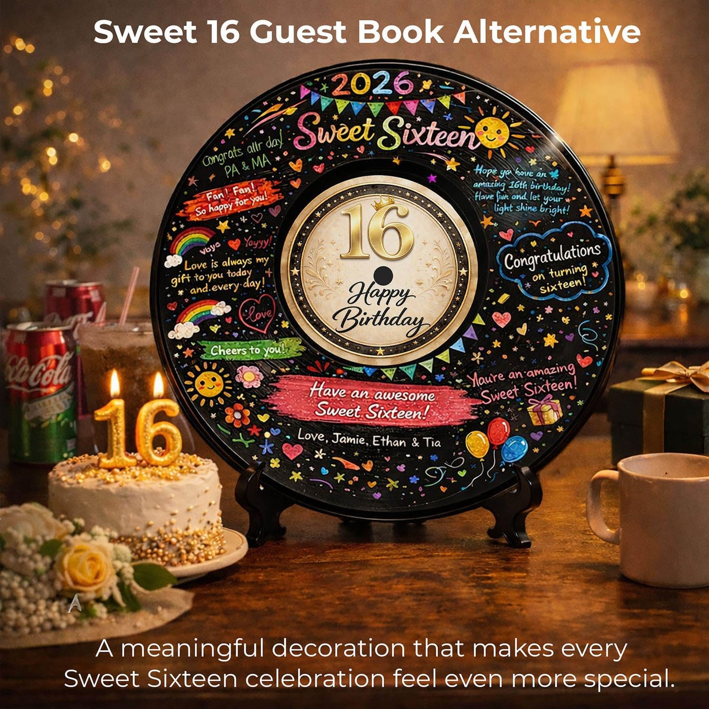 Sweet 16 Party Decorations for Girls and Boys, 11.6 Inch Vinyl Record Guest Book Alternative, 16th Birthday Signature Board with Stand and Pens, 16th Birthday Gifts for Boys Girls