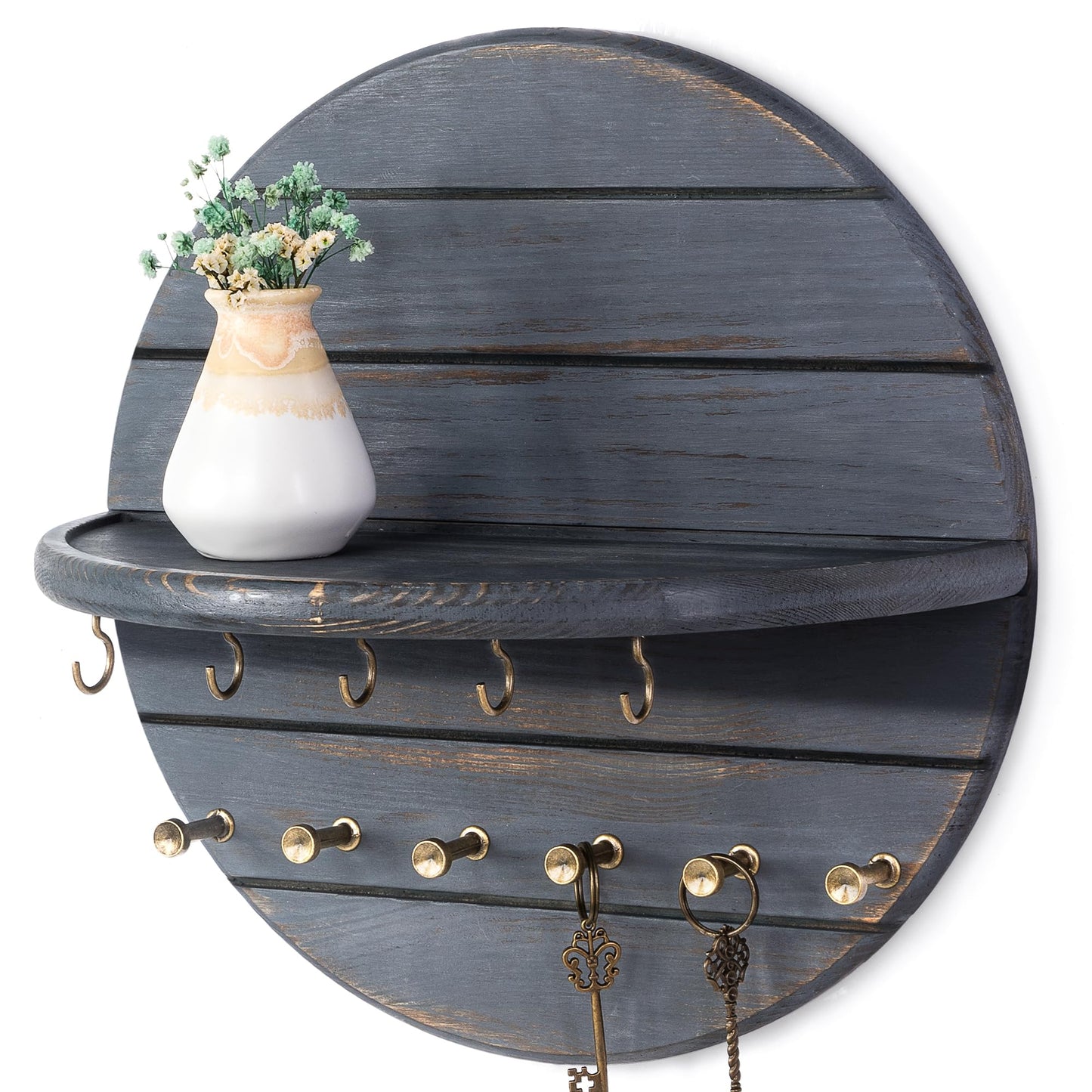 Rebee Vision Pine Wood Rustic Key Holder Wall Mount for Farmhouse Decor – Key and Mail Holder for Wall with Shelf and 11 Hooks – Hanging Mail Organizer for Room Decor Aesthetic (Royal Blue)