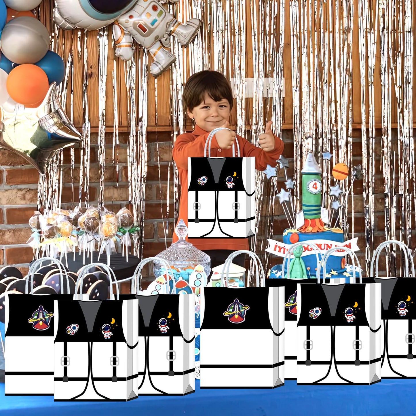 16 Pieces Astronaut Vest Birthday Goodie Bags,Outer Space Gift Snacks Treat Candy Favors Bags with Handles for Space Suit Theme Birthday Party Decorations