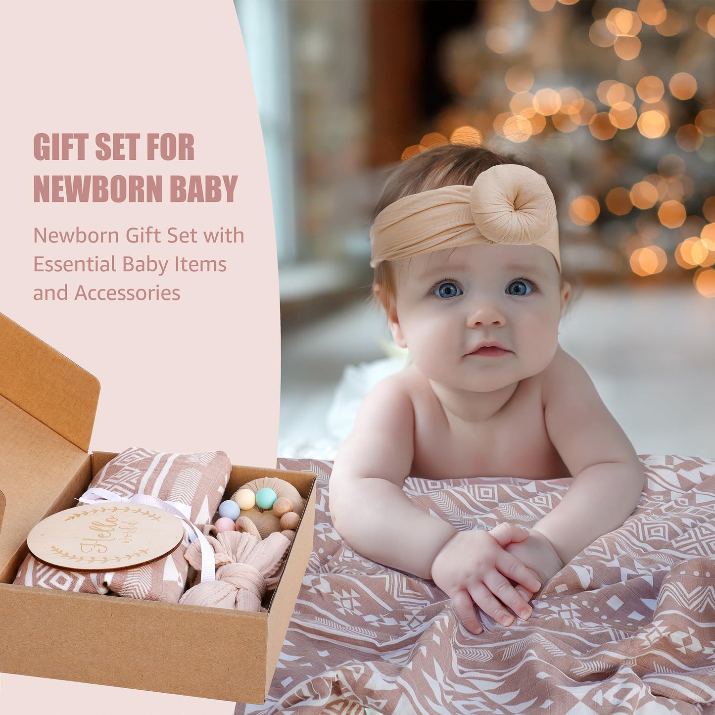 Baby Girl Gift Set - 5-Piece Baby Girl Shower Gifts with Muslin Swaddle Blanket, Wooden Teether, Headbands & Hello World Milestone Card - Newborn Welcome Box, Unique Present for Girls
