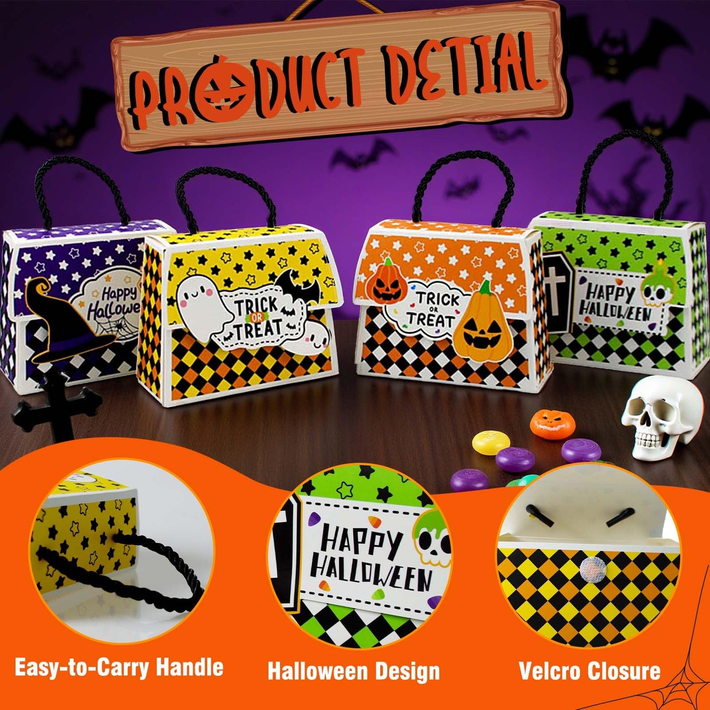 Halloween Treat Boxes with Handles, 4 Pack Trick or Treat Candy Bags for Kids, Pumpkin Ghost Witch Party Favor Gift Boxes for Halloween Party Supplies(20pcs)