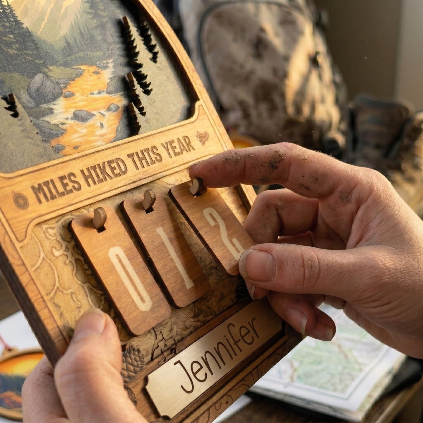 Hiking Gifts For Men Women Miles Hiked This Year Counter Personalized Wooden Trail Tracker Mountain Forest Decor With Hiking Ornament Pen Storage Box Unique Birthday Father Mothers Day Christmas