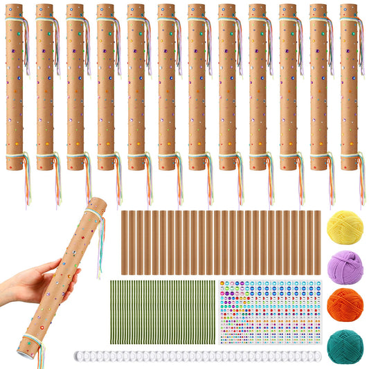 Unittype 24 Set Rainstick Craft Kit DIY Native American Tribal Rainsticks with Colorful Pipe Cleaners Yarns and Acrylic Diamond Stickers for Falling Rain Sound Musical Educational Supplies