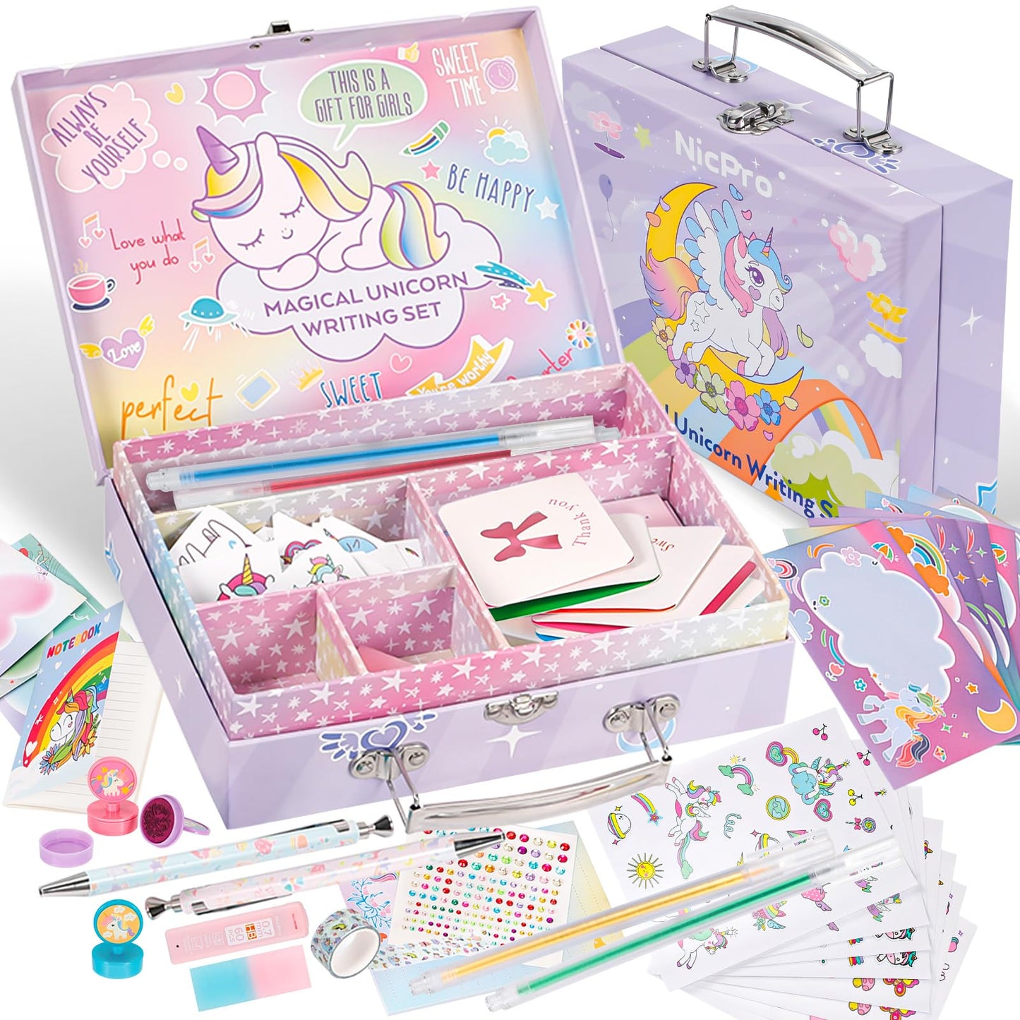 Nicpro 62PCS Unicorn Stationary Set For Girls,Unicorn Kid Toys for Aged 6-10 Years Old, Cute Stationery Supplies Letter Writing Kit Gift for 5,6,7,8,9,10 - Little Girls Ideal Christmas Birthday Gifts