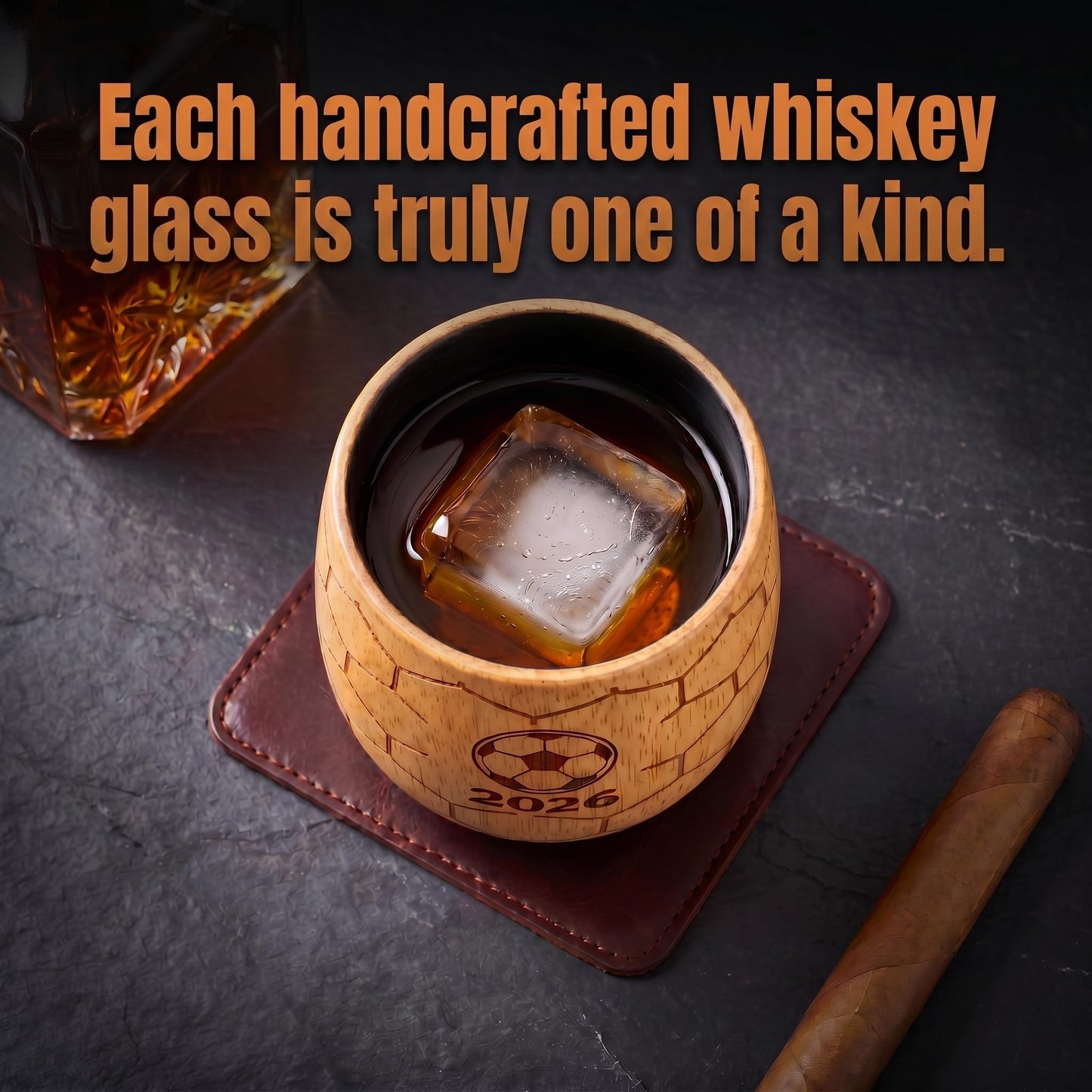 Charred Wooden Whiskey Glasses, 2026 Limited Edition Old Fashioned Glass Set, Unique Gifts for Men Who Love Soccer – for Dad, Brother, or Husband (2 Pack)