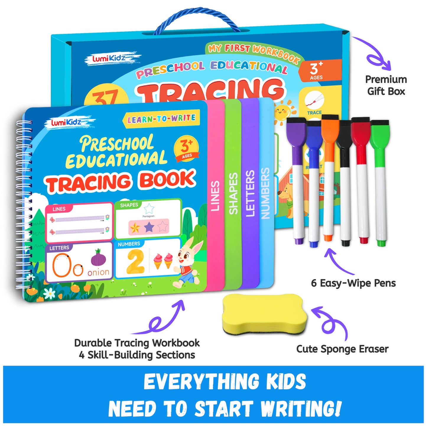 Lumikidz Preschool Learning Activities - Toddler Handwriting Practice and Tracing Books for Kids Ages 3-5, Montessori Busy Book, ABC Letter Number Workbooks, Autism Educational Gift for Boys and Girls