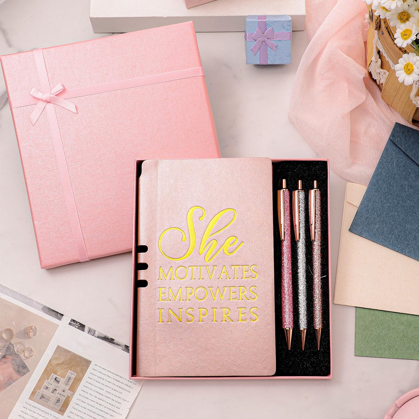 Resurhang 5 Pcs Boss Gifts for Women Set Appreciation Gifts for Coworkers Leather Journal Ballpoint Pens with Box Thank You Present for Friends Teacher Female Leader Birthday Bestie (Pink)