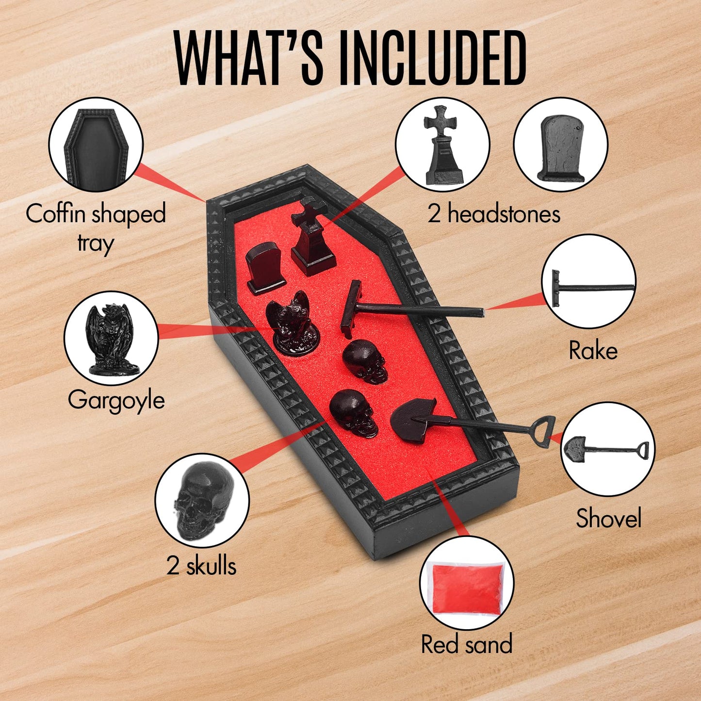CEFRECO Coffin Zen Garden with Red Sand - Unique Mini Therapy Zen Garden Kit for Desk - Spooky Goth Valentines Halloween Decor Sand Garden with Skulls for Home and Office - Witchy Gifts for Women