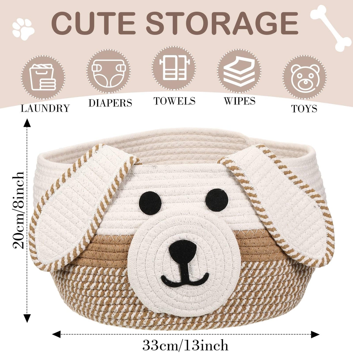 Zopeal Dog Woven Basket Cute Woven Cotton Rope Puppy Animal Storage Basket for Laundry Toy Gift(Khaki, White,13 x 8 Inch)