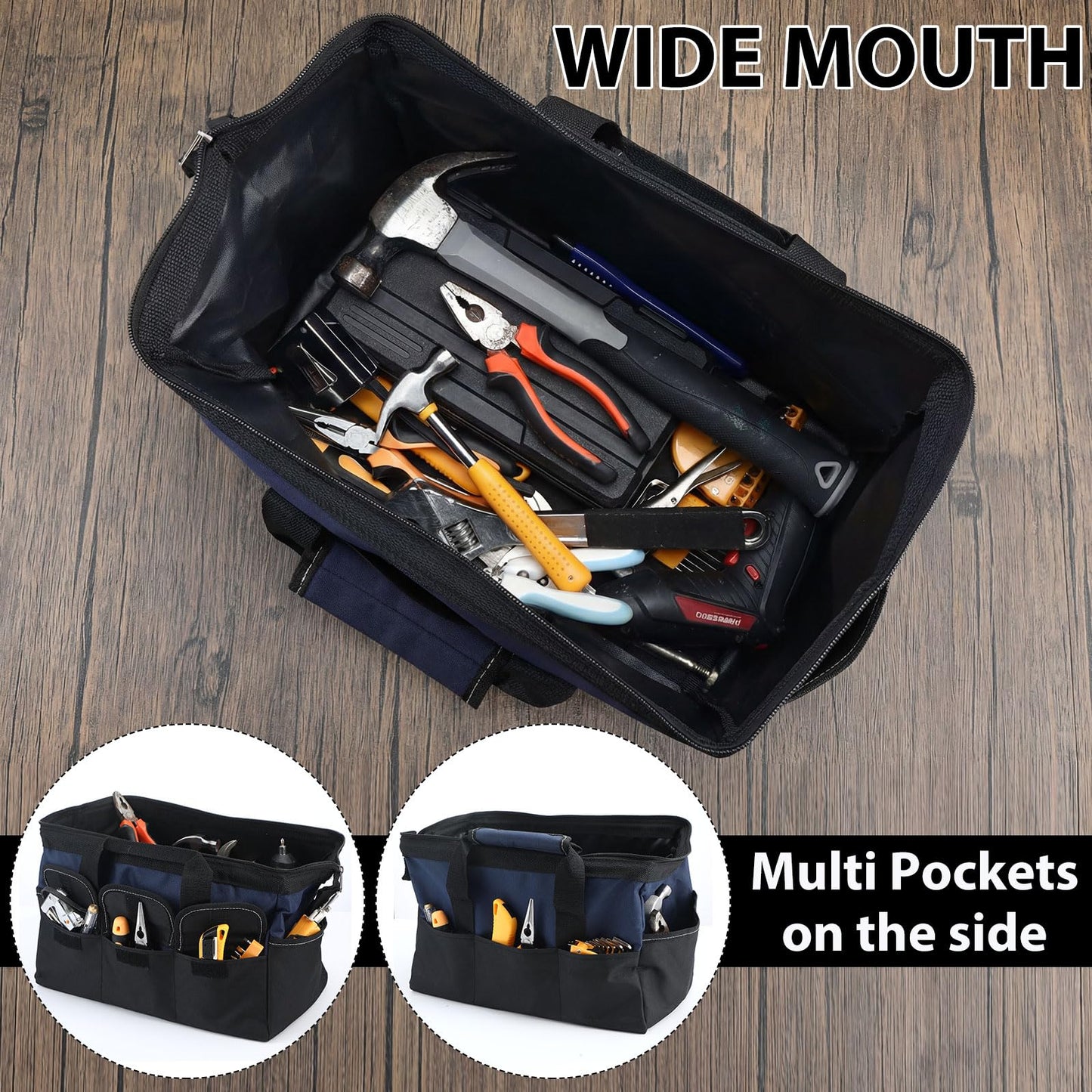 Sanwuta 3 Pack Tool Bag for Men with Waterproof Hard Bottom, Heavy Duty Tool Bag Wide Mouth Tote for Various Instrument, Electrician Carpenter Mechanic (Blue, Red, Yellow,16 Inch,Side Pockets)