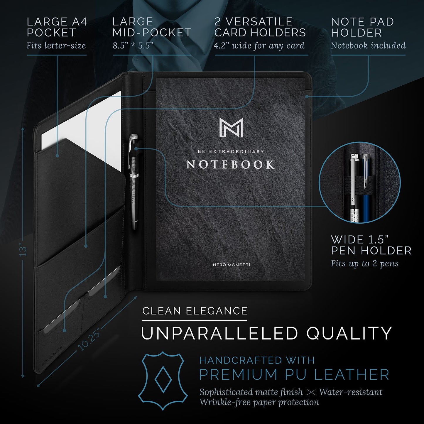 NERO MANETTI- Leather Portfolio Folder - Business PU Leather Portfolio Notepad Holder for Resumes, Legal Pad Portfolio Executive Binder, Professional Padfolio Notebook for Women/Men