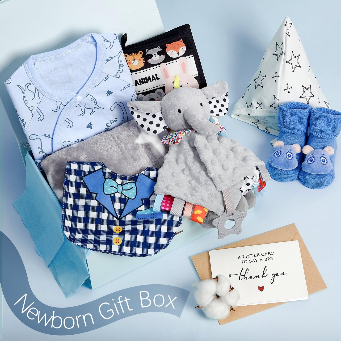 Golray 9pcs Baby Shower Gifts for Boys Newborn Kit, Blanket/Elephant Soothe/Fabric Book/Bodysuit/Bib/Sock/Hat/Greeting Card, Baby Essentials Stuff Gift for Newborn Boy Friend Newmom