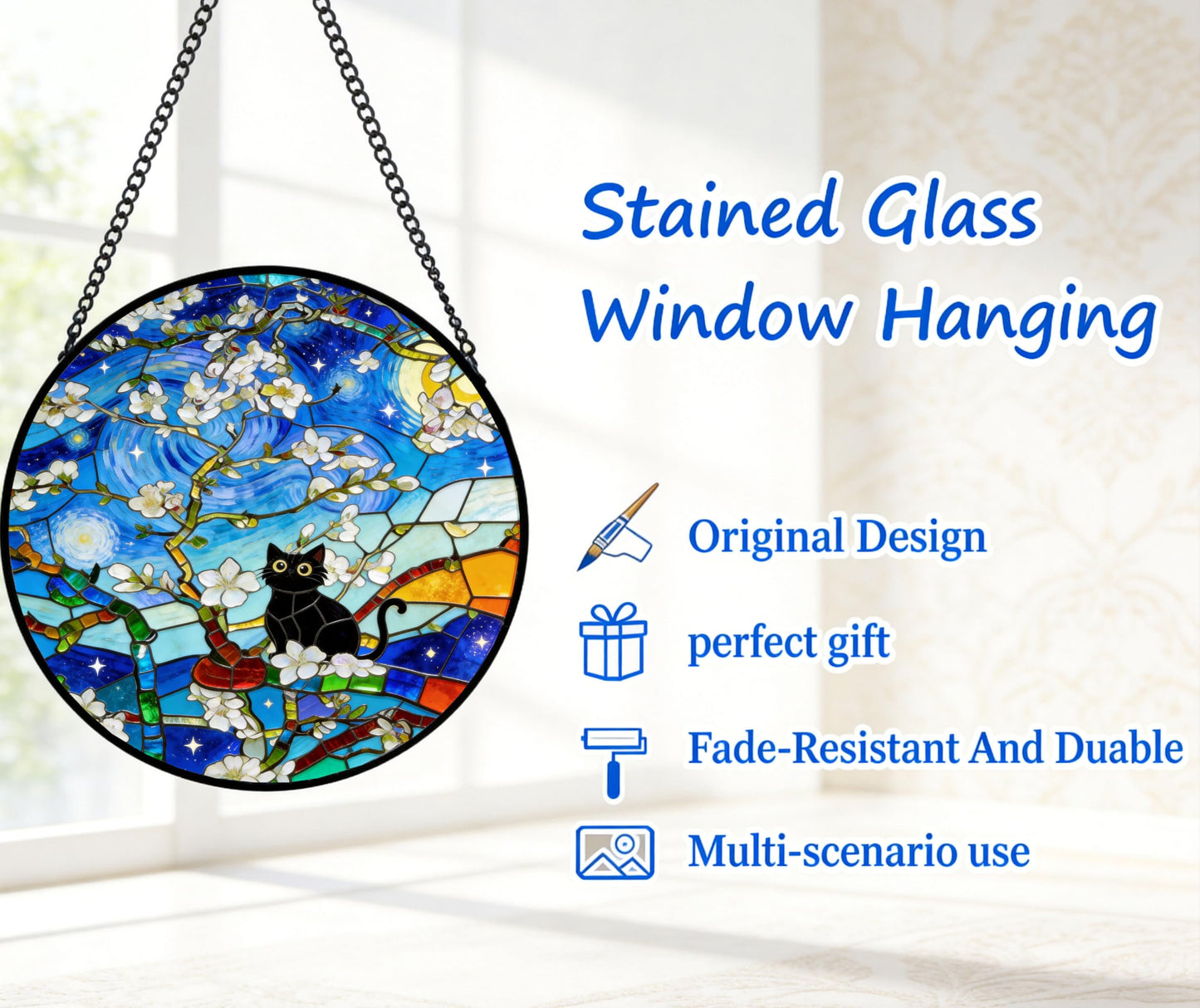 ubcindy Sakura Black Cat Stained Glass Window Hanging, 8'' The Starry Night Art Stained Glass Suncatcher Wall Door Home Decor, Cherry Blossom Sun Catcher for Women Mom Men Office Friends Yoga Gifts