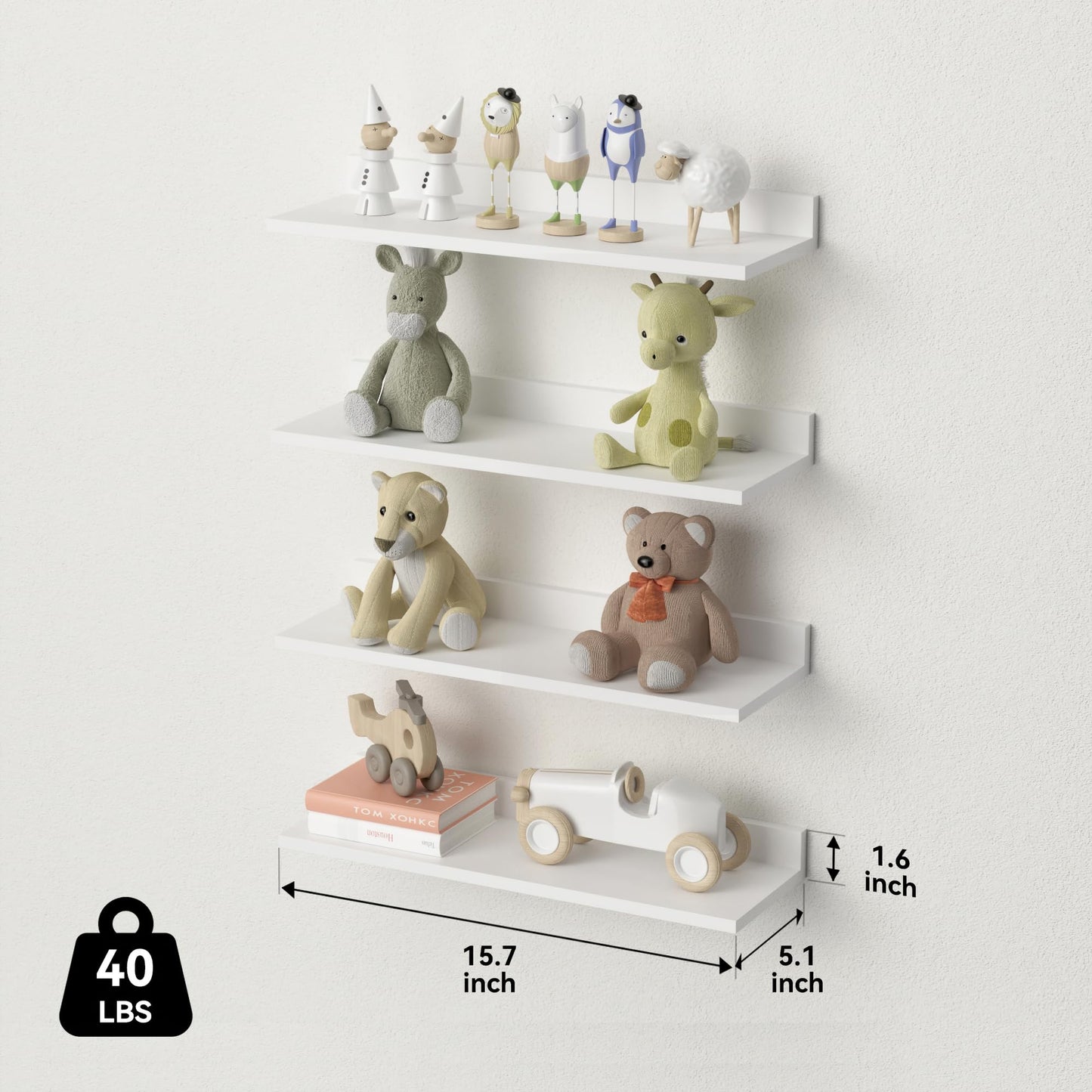 WOPITUES Floating Shelves, Wall Mounted Shelves for Room Decor, Modern Display Shelf for Bedroom, Sturdy Bathroom Storage Shelves, Book Shelves for Living Room, White Small Corner Shelves, Set of 4
