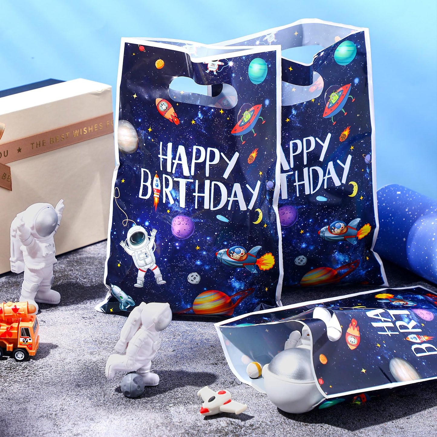 Bokon 50 Pcs Outer Space Birthday Bag Bulk Planet Galaxy Plastic Gift Bags with Handle Astronaut Solar System Party Favor Candy Bags for Kids Birthday Space Theme Party Bags Supplies
