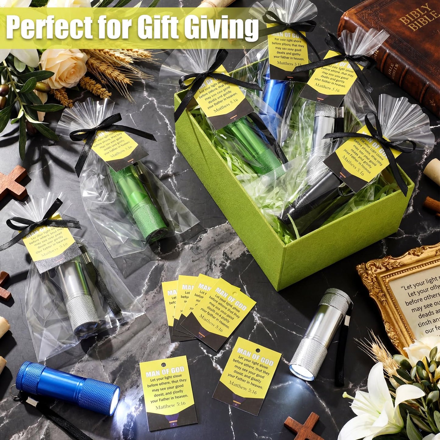 VIHOSE 100 Sets Christian Gifts for Men Church Flashlights Bulk Man of God Small 3.37 in Aluminum Pocket Flashlight with Bible Verse Cards, Ribbon, Bags for Father Man Church Events Ministry (Classic)