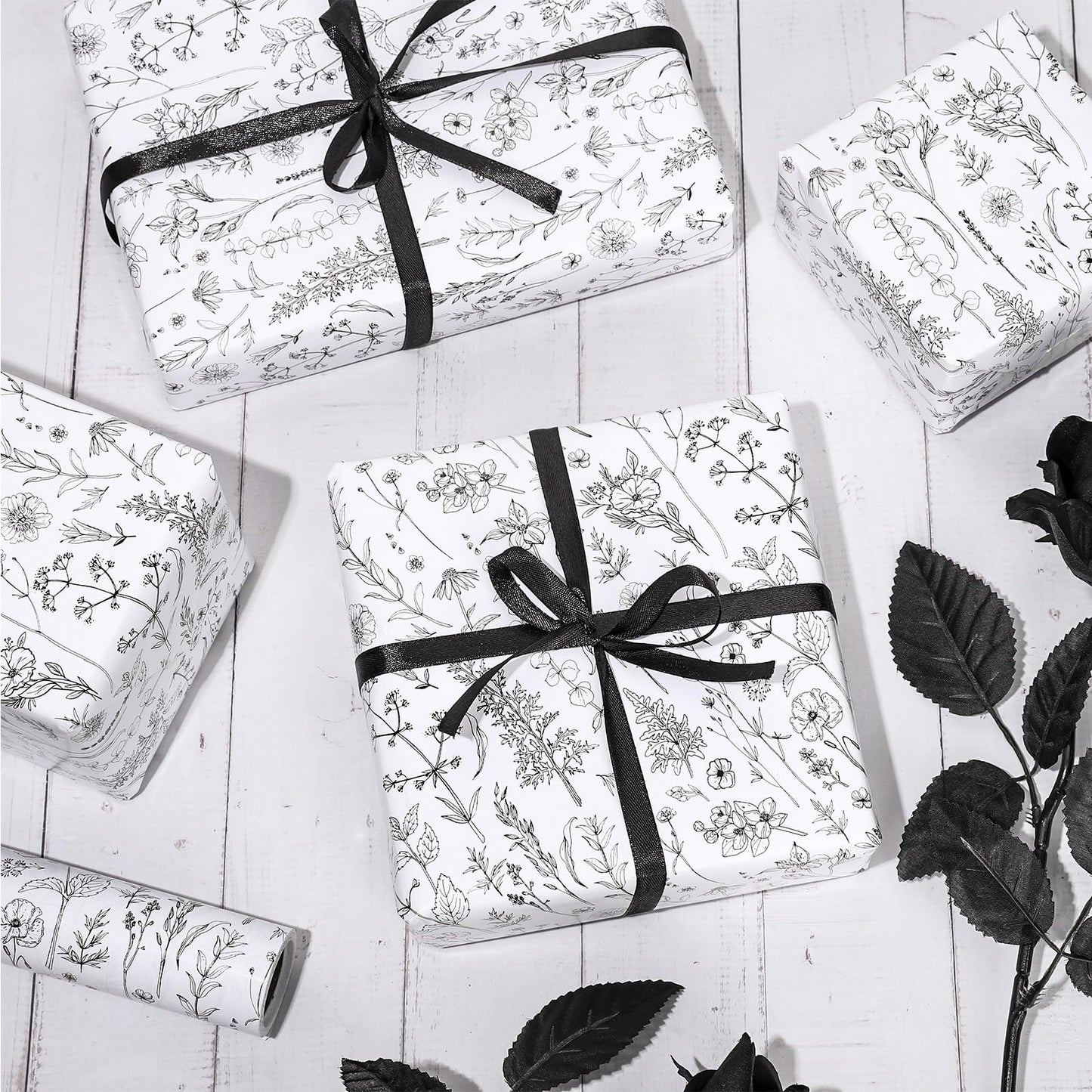 FYSUIMU Vintage Wildflower Wrapping Paper Mini Roll 17 In x 32.8 Ft Spring Black White Floral Gift Wrap Botanical Flower DIY Art Crafts Paper for Wedding Baby Shower Birthday Holiday Party