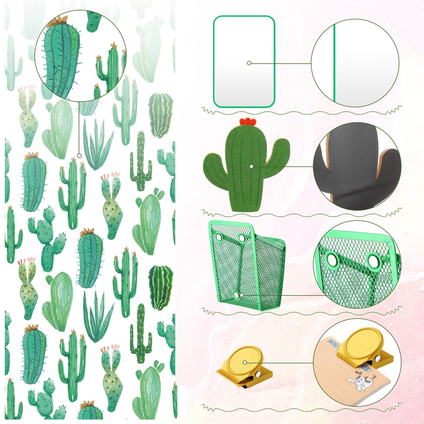 Harloon 15 Pcs Locker Decoration and Organizer Kit Locker Wallpaper Magnetic Pen Holder and Mirror Whiteboard Marker Cork Board with 3 Push Pins 3 Magnetic Clip 6 Magnets(Cactus)