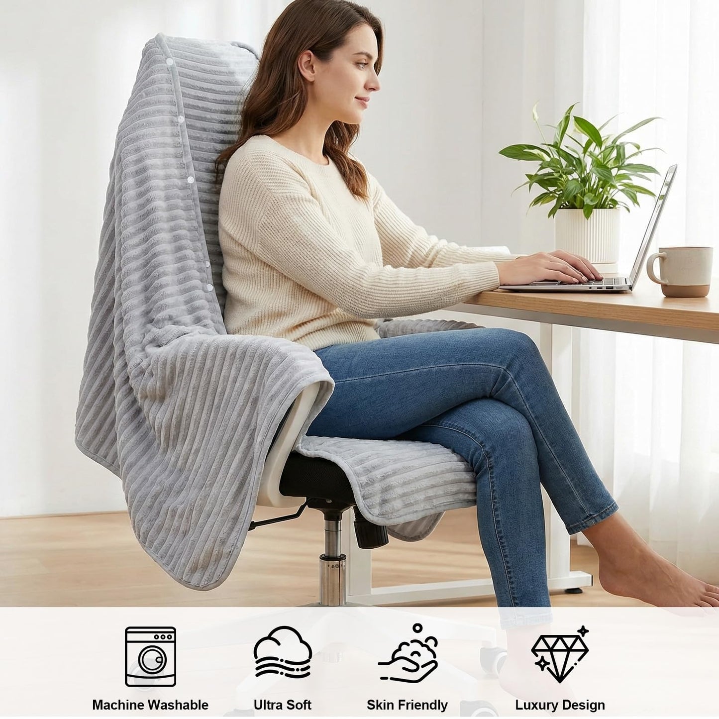 Himake Cozy Office Chair Blanket, Grey Striped Flannel Fleece Desk Wearable Blanket for Work, Work from Home Gifts & Practical Gifts for Cold People Stay Warm with Chair Wrap Attaches