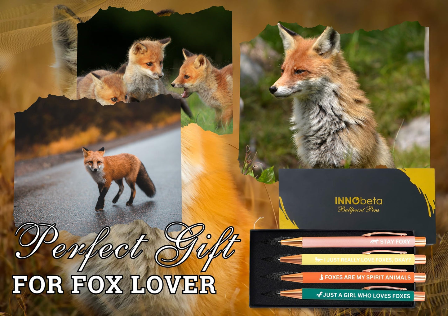 InnoBeta Fox Themed Gifts for Fox Lover, Ballpoint Pen Set of 4, Gifts for Fox Nerd on Birthday, Christmas and any Special Occasion