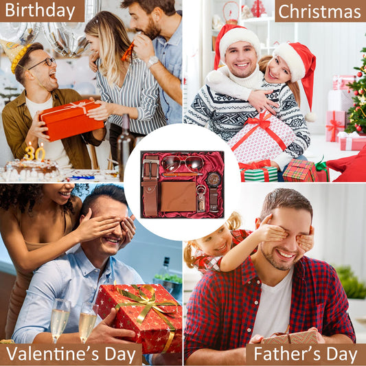 Baojulong 6pcs Men's Gift Set with Box Brown Leather Belt Wallet Watch Glasses Keychain Ballpoint Pen Gifts for Men, Valentines Day Gifts for Him