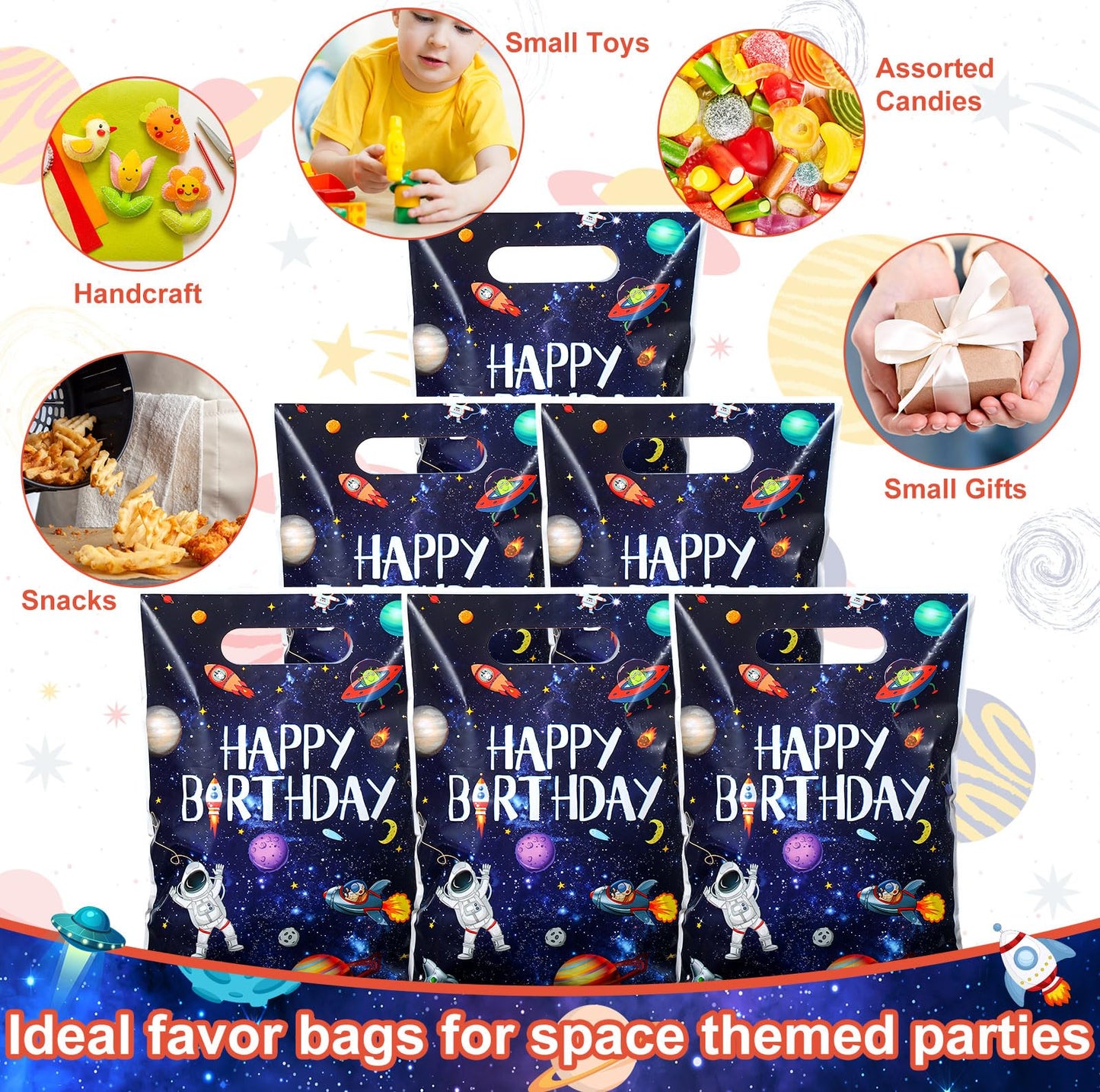 Bokon 50 Pcs Outer Space Birthday Bag Bulk Planet Galaxy Plastic Gift Bags with Handle Astronaut Solar System Party Favor Candy Bags for Kids Birthday Space Theme Party Bags Supplies