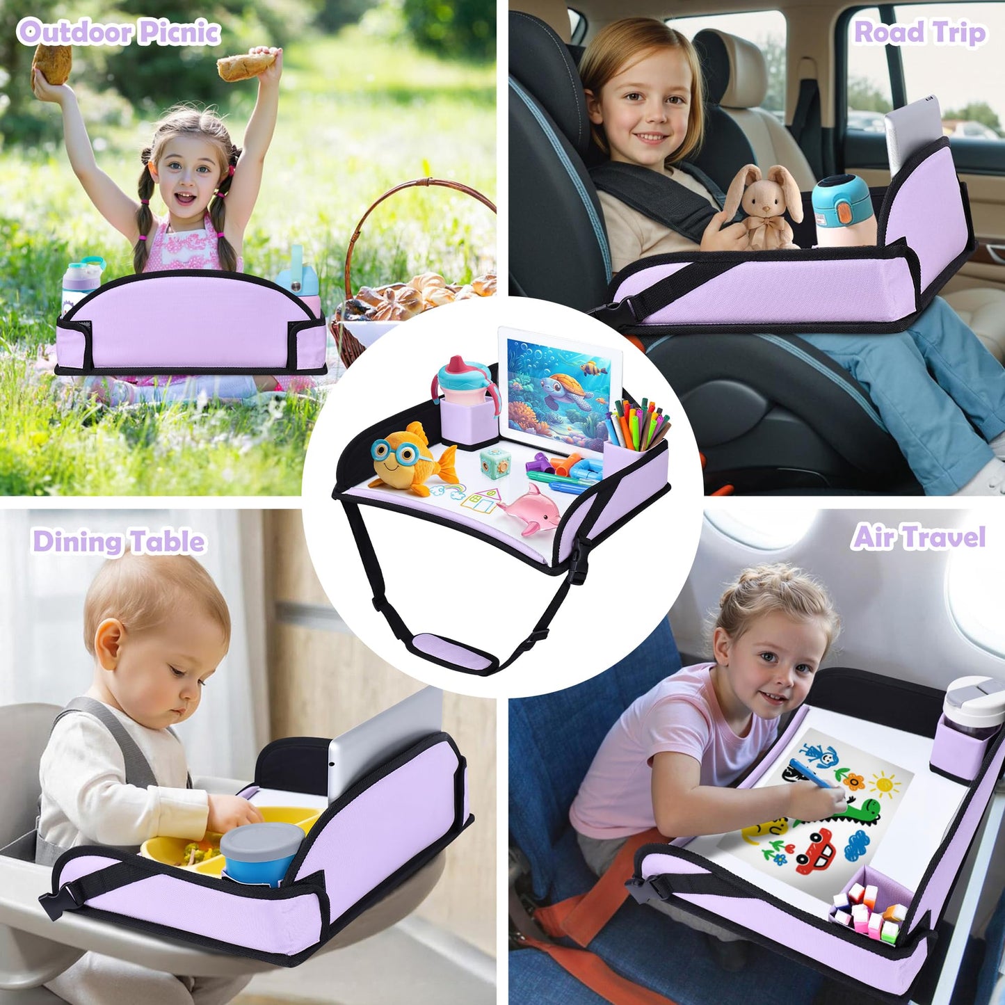 AZAMIA Kids Travel Tray for Toddler Carseat, Road Trip Activities Essentials for Toddler, Kids Lap Desk Tray with Tablet Holder Stand ＆ Dry Erase Board (Purple)