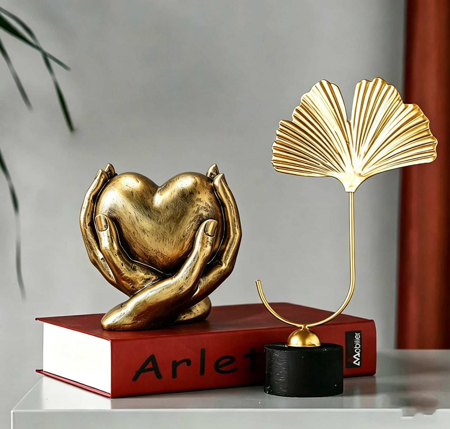 Gold Heart Hands Sculpture Boho Home Decor Accents Living Room Decor, Aesthetic Shelf Decoration, Ideal for Coffee Table, Shelves, Home, Bedroom, Birthday, Wedding Table Decor, and Symbol of Love