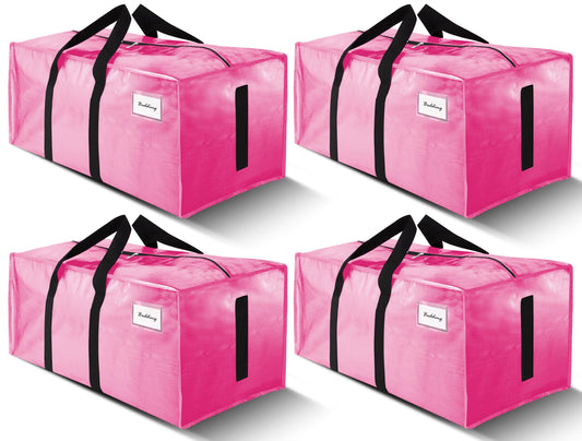 4 Pack Large Strong Moving Bags with Zippers & Carrying Handles - Water-Resistant - Heavy Duty Storage Tote for Space Saving, Fold Flat, Alternative to Moving Box (Pink)