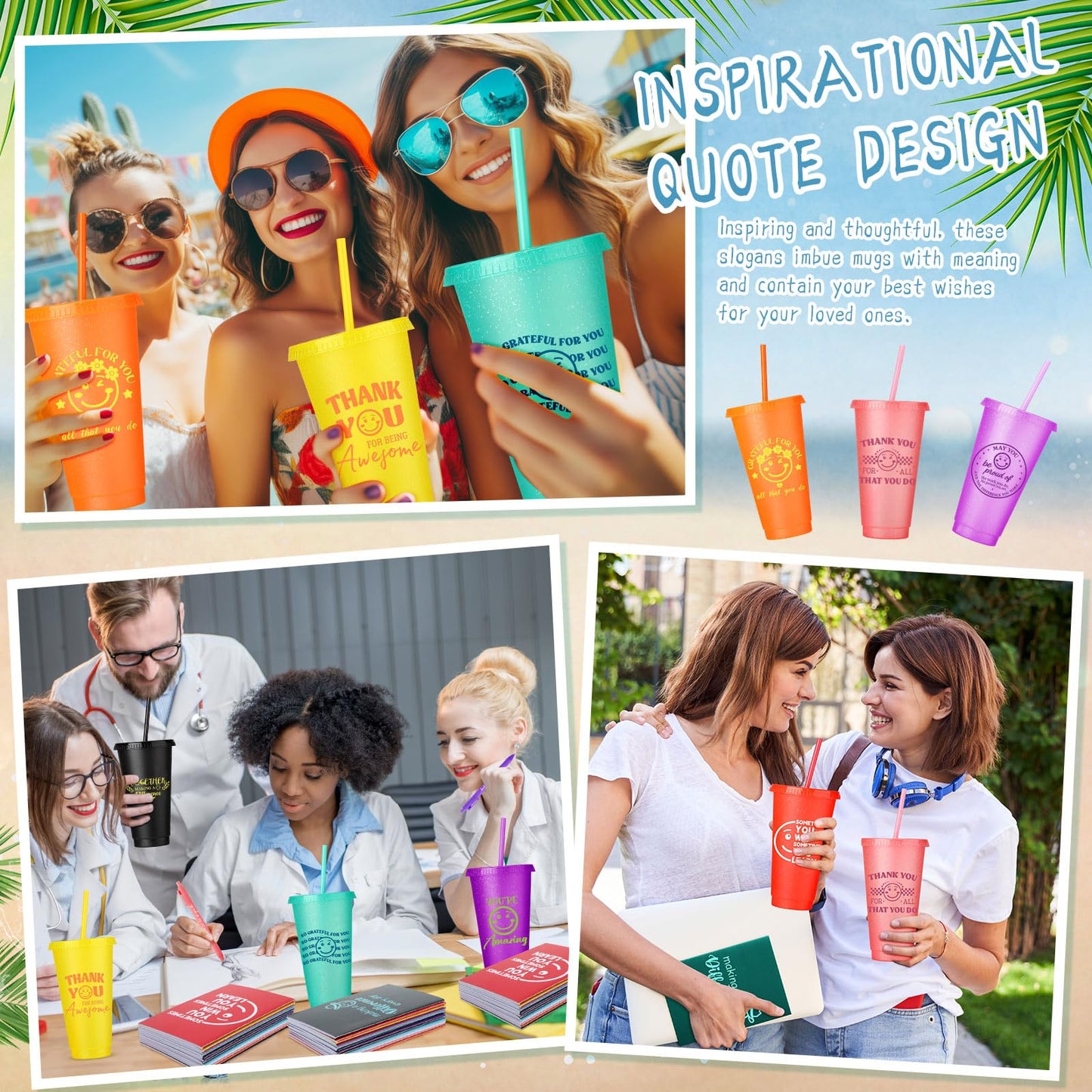 Feifeiya 72 Pcs/ 24 Set Thank You Gift Bulk 24 oz Appreciation Tumbler with Lids and Straws Motivational Pens Inspirational Notepads Set Plastic Cups Gift for Valentines Employee Team Staff Coworker